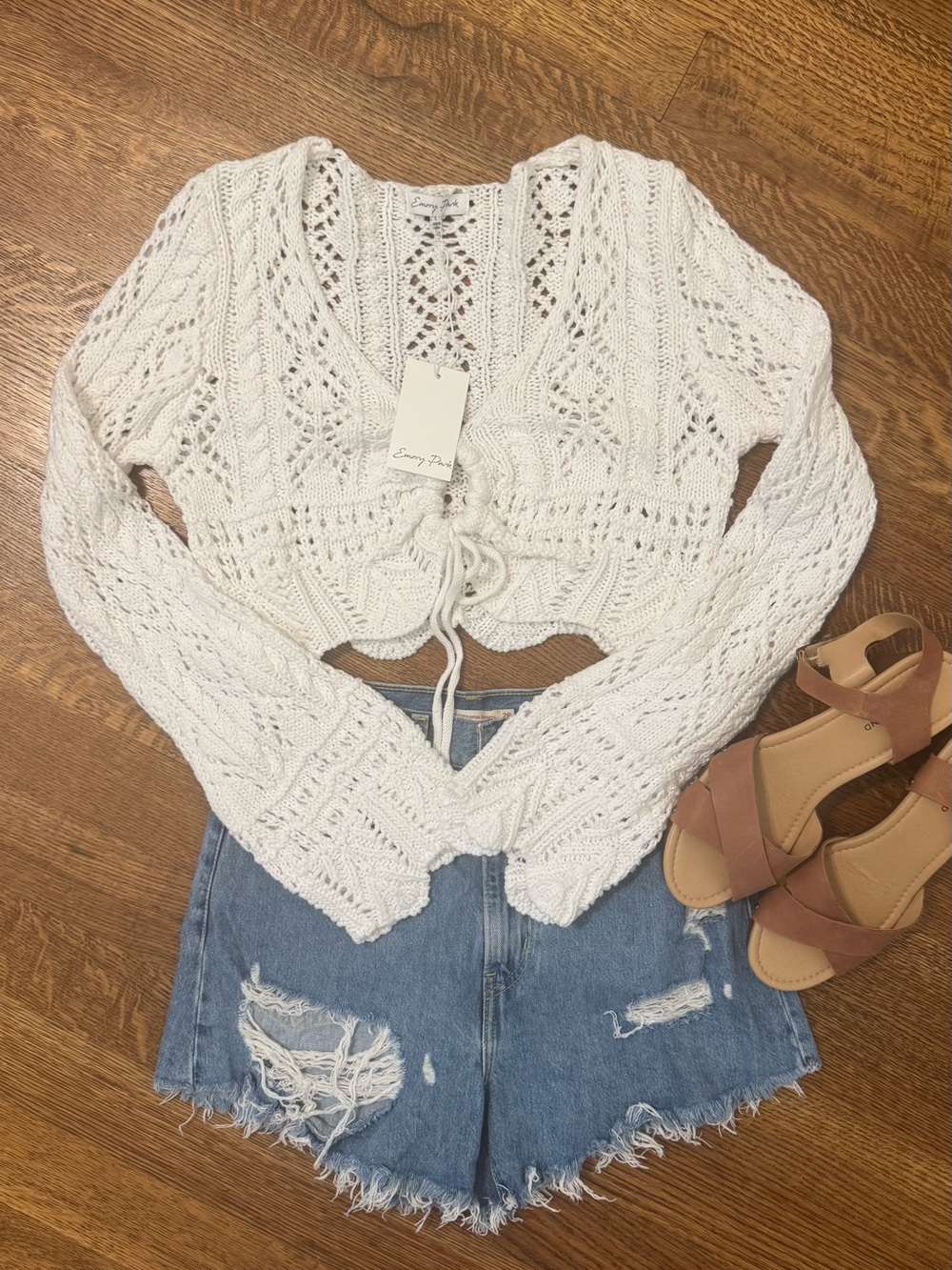 White 100% Cotton Tie-Front Boho Sweater Cropped Bell Sleeves Large NWT Orig $44